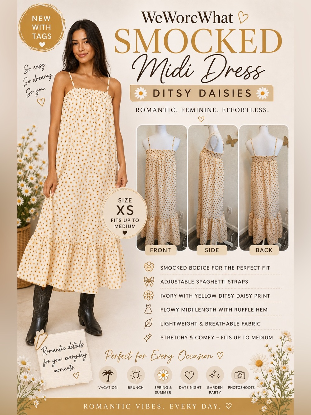 Smocked Midi Dress by We Wore What Ditsy Daisies Sz XS